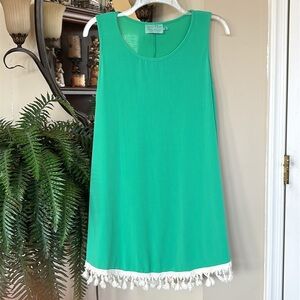 Judith March Sleeveless Tunic Dress Green w/ Cream Tassel Hem Scoop Neck CoverUp